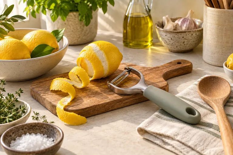 A broad-handled peeler, wooden spoon and lemon on a kitchen worktop.